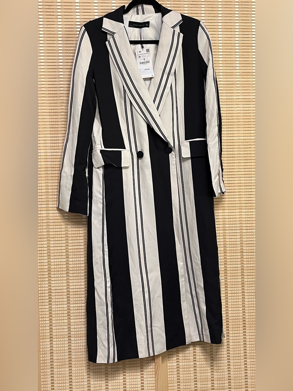 New Zara Black and White Vertical-Stripe Long Trench Coat
